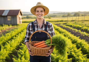 Smiling young farmer showing a basket of freshly picked carrots in his garden