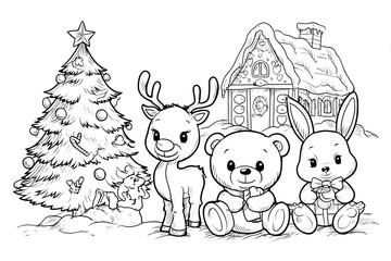 Cute Outline Winter Holiday Character Group with Christmas Tree and House Illustration. Ai Generated Images