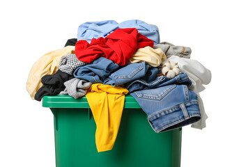 Overflowing green recycling bin filled with assorted colorful textiles against a white background, representing textile recycling and sustainable waste management in a domestic setting