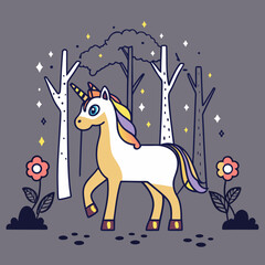 Cute unicorn standing with sparkling rainbow background
