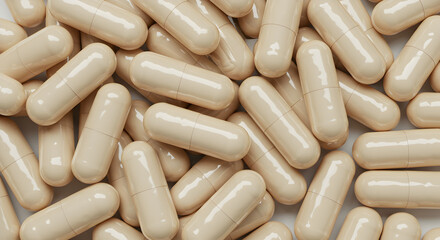 Close Up of Beige Medical Capsules for Dietary Supplements and Pharmaceutical Use in Health and Wellness Neutral