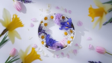 Floral Wreath Composition with Daffodils, Tulips, and a Circular Flower Arrangement
