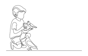 Little Boy Showing Love to Nature Feeding Water to a Bird continuous line art drawing