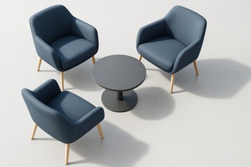 Fototapeta premium Modern blue armchairs and round coffee table in minimalist room with light background, showcasing contemporary interior design concept indoors.