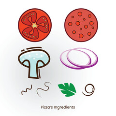 Pizza ingredients tomato pepperoni mushroom onion and basil