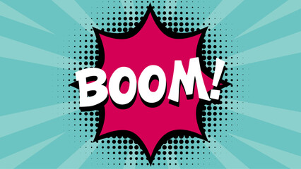 BOOM comic text template on retro background for stickers, posters, social media posts.