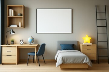 Modern children's bedroom interior with wooden furniture, desk, bed, blank wall frame, and cozy decor elements in natural light setting.