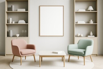 Contemporary living room with pastel chairs, wooden table, and blank frame on wall for artwork or branding display in stylish interior decor concept.