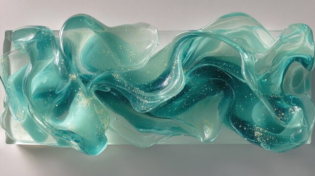 Seafoam green resin texture with wave forms, frozen dynamics, transparent organic feel for marine-inspired backgrounds or decor.