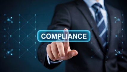 Professional businessman pressing glowing compliance button on futuristic interface for business success and regulation