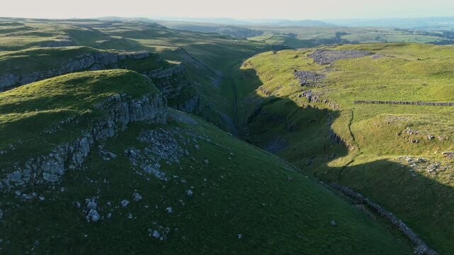 An Aerial Drone View of Yorkshire's Stunning Malham Cove Limestone Pavement at Dawn