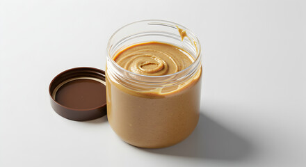 Creamy Peanut Butter in a Clear Glass Jar on White Background with Lid Alongside for Adobe Stock Photo