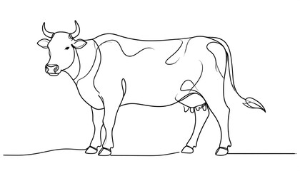 Single-line drawing of a cow standing on a simple ground
