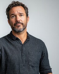 Obraz premium Thoughtful man with beard looking directly at the camera in a casual shirt against a neutral background
