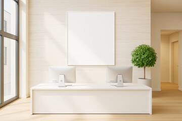 Fototapeta premium Modern bright office interior with blank canvas on wall above two desks, featuring minimal decor and natural light from large windows.