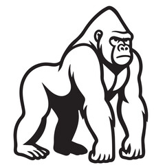 A black and white vector of a gorilla, with bold black outlines emphasizing its strong posture, muscular body, and powerful expression in a clean design.