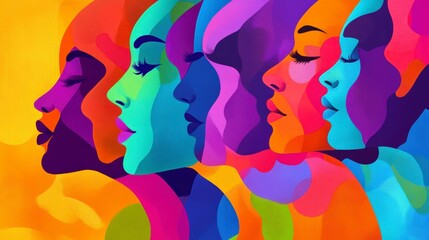 Colorful abstract portrait of diverse women in profile.