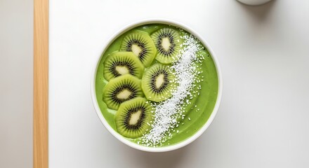 Matcha Smoothie Bowl with Kiwi and Coconut – Clean Eating Concept in Natural Light