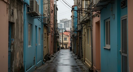 Fototapeta premium Narrow Alleyway in an Asian City After Rain