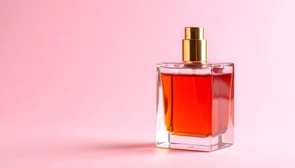 Amber perfume in a square glass bottle against a pink background