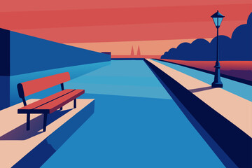 Minimalist scene of a park bench and lamppost at sunset