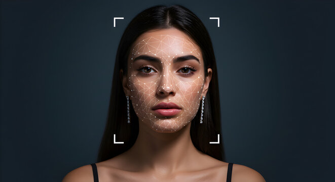 Elegant Young Woman Portrait with Advanced Facial Recognition Technology Overlay in Muted Gray Backdrop Highlighting