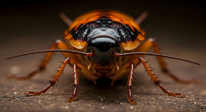 Extreme Macro Shot of a Brown Cockroach with Black Head and Long Antennae on a Dark Background
