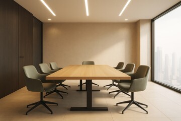 Modern business meeting room with minimalist furniture and large window in bright office space background concept with natural light ambiance.
