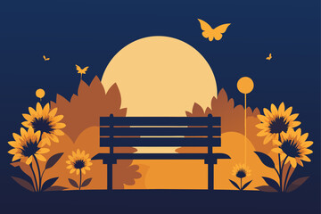 Tranquil park scene with sunflowers and a bench