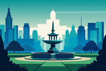 Urban park with fountain and city skyline in cool tones