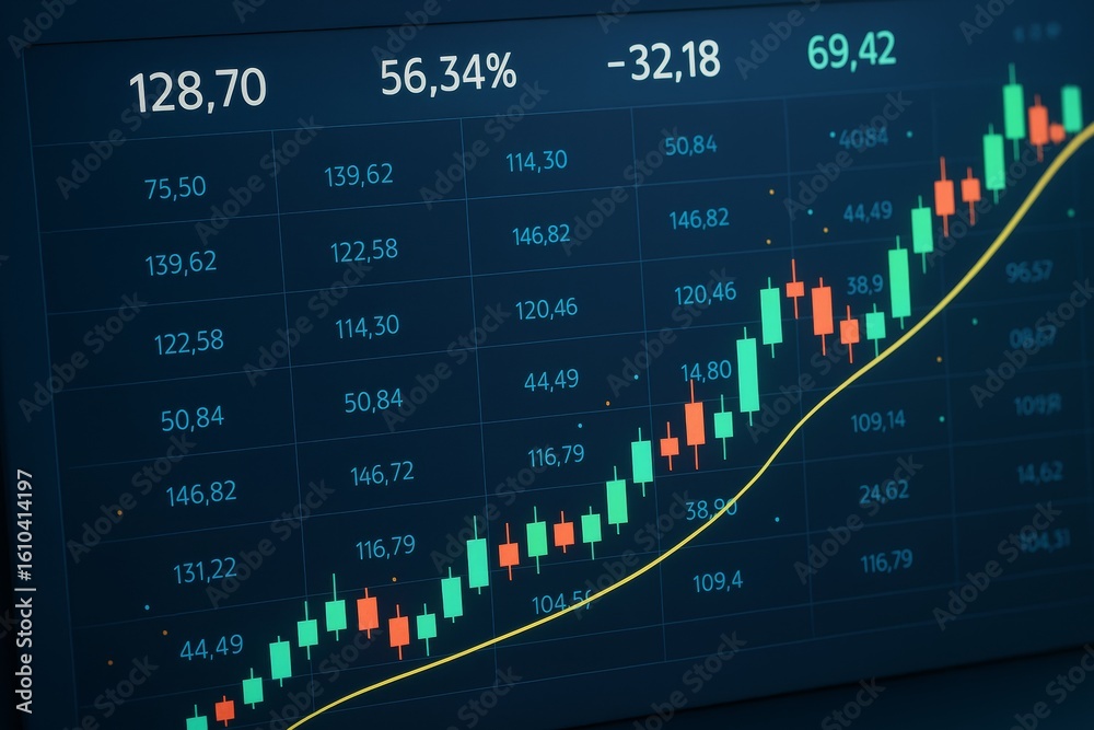 Poster abstract candlestick stock chart with trading data and financial indicators on dark business backgro