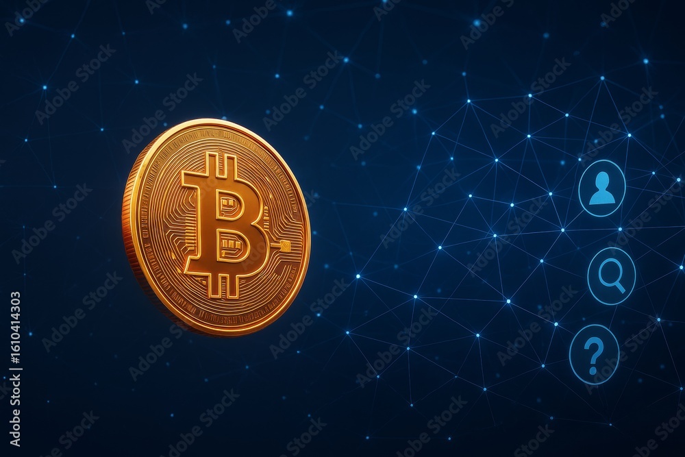 Poster golden bitcoin coin on digital tech light background with blockchain network and business concept ic