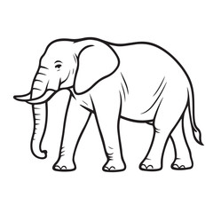 A black and white vector illustration of an elephant, with bold black outlines emphasizing its large ears, curved trunk, and strong body in minimalistic style.

