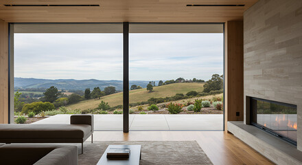 Interior view of a modern living room with large windows showcasing a scenic landscape of rolling hills and greenery.