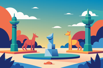Stylized cityscape with animal statues and towers