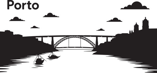 Porto Skyline Silhouette Lanterna Lighthouse Dom Luís I Bridge Cathedral Outline Portuguese Coastal City Vector on White Background © Team RAS