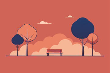 Minimalist park scene with bench and trees under a coral sky