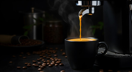 Hot Espresso Poured into Black Cup on Dark Table with Coffee Beans Coffee Grinder and Jar in Blurred Background