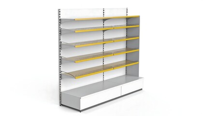 White and gray retail shelving unit with yellow accents and wire baskets
