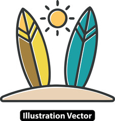 Two surfboards on a sandy beach under the summer sun, vector illustration for vacation