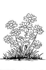 Black and White Outline Daisy Flower Group with Grass Illustration. Ai Generated Images
