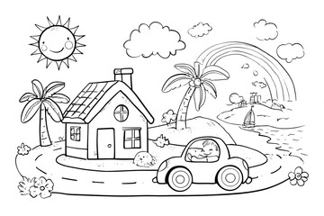 Handdrawn Black and White House Car Island Summer Coloring Page. Ai Generated Images
