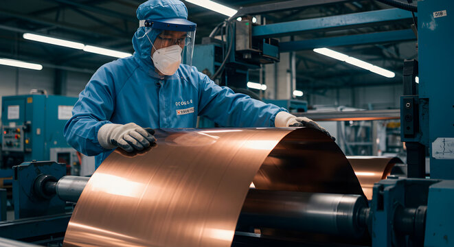 Industrial Worker Manipulating Copper Sheet on a Blue Production Machine Wearing Protective Gear Inside Factory