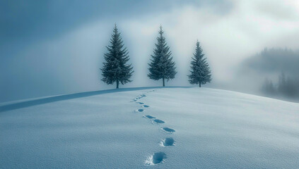 Three trees standing on a snow-capped mountain, against the misty sky of dawn, a trail of footprints moving towards them through the clear snow.