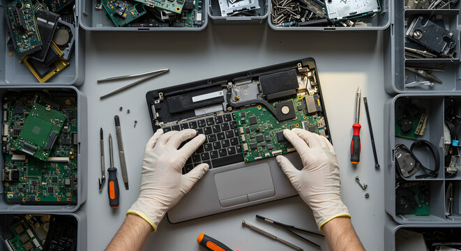 Laptop Disassembly for E-waste Recycling Showing Hands in Gloves with Various Tools and Components on a Gray Tabletop
