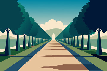 Avenue of trees leading to a distant monument under a cloudy sky