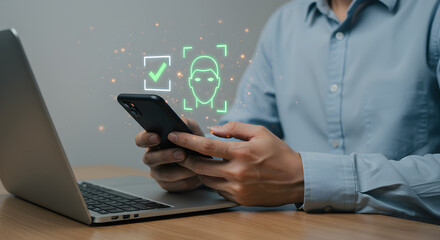 Man Using Phone with Face Recognition Interface on Desk with Laptop in Blue Shirt