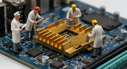 Miniature Workers Inspect Golden Heat Sink on a Detailed Blue and Black Computer Motherboard with Visible Electronic