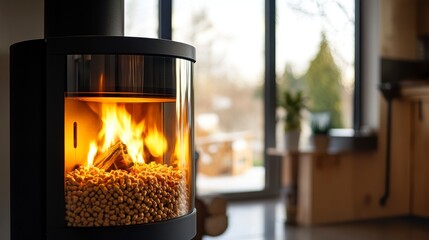 Modern pellet stove with warm flames visible through glass, set against a blurred background of patio doors and outdoor winter scene.