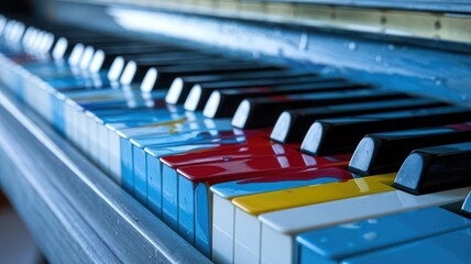 Artistic piano keys painted with colorful drips create unique musicality